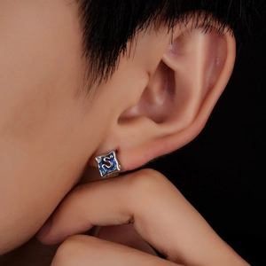 Clou d'oreille carré en argent S925 avec motif de vague en émail bleu pour homme