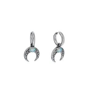 Bohemian silver crescent moon drop earrings with opal stone and Celtic knot pattern
