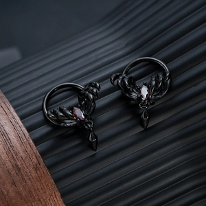 Gothic black steel earrings with red marquise stone and claw pendant detail