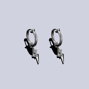 Polished titanium steel lightning bolt drop earrings with sparkling zircon inlay for men