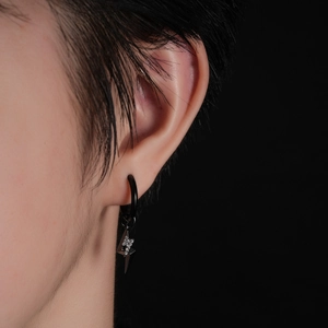 Black stainless steel lightning bolt hoop earring with sparkling pavé crystals for men