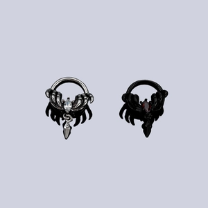 Gothic style black and silver hoop earrings with red zircon teardrop pendant in stainless steel