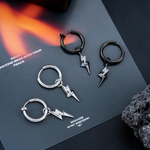 Titanium Steel Lightning Rhinestone Hoop Earrings For Men Women Punk Lightning Pendant Earrings Single Stud Earring Jewelry