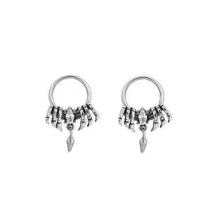 Gothic silver spider claw earrings with marquise zircon and metal cone pendant detail