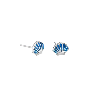 Minimalist silver shell stud earrings with vibrant blue enamel inlay in a nautical style