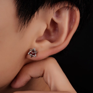 Copper Red Rhinestone Hexagonal Star Stud Earrings For Men Women Punk Geometric Minimalist Design Jewelry Gift