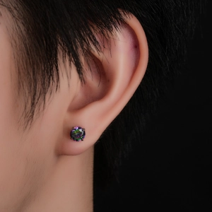 Sparkling aurora titanium ear stud with black 4-claw setting on black background