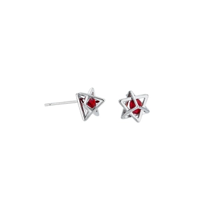 Star-shaped silver stud earrings featuring round red zircon stones in a minimalist design