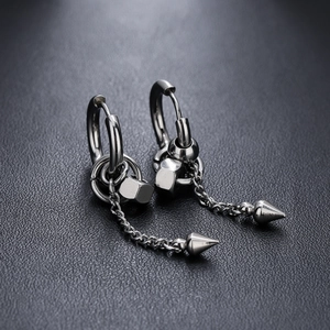 Industrial punk style stainless steel hoop earrings with long chain and cone pendant