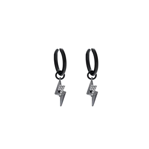 Punk style black lightning bolt hoop earrings with sparkling white crystals for men