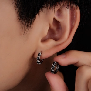 Men's S925 silver hoop earrings with black stones and white zircons on ear model