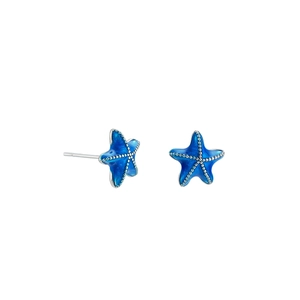 Polished starfish stud earrings in deep blue enamel and silver-toned textured metal