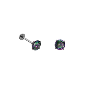Titanium internally threaded labret stud with iridescent 4-prong set zircon crystal