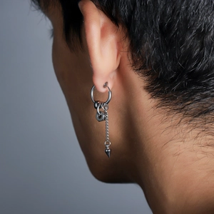 Industrial punk silver titanium steel earrings with long chain and cone pendant