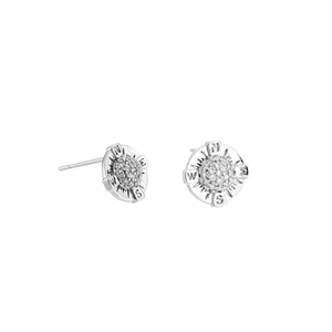 Polished silver compass stud earrings with sparkling round zircon inlays for men and women