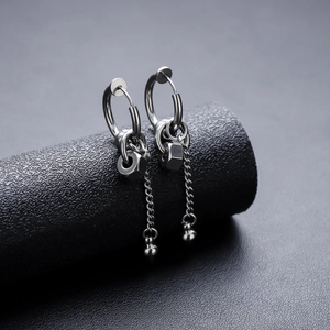 Unisex stainless steel hoop earrings with industrial chain and hexagon nut charms