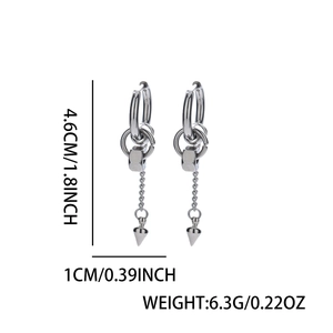 Unisex silver stainless steel cone long chain earrings with dimensions 4.6cm by 1cm