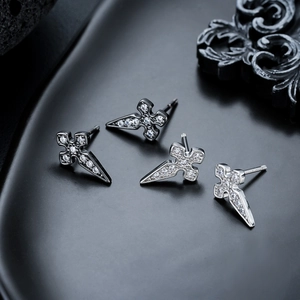 Gothic punk cross stud earrings with sparkling zircons in black and silver metal finishes