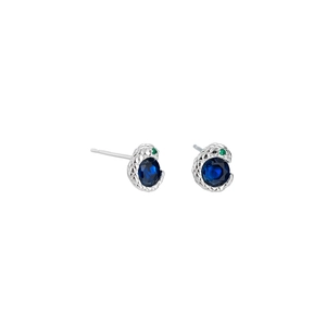 Silver snake stud earrings with blue stones and green eyes in a minimalist dragon design
