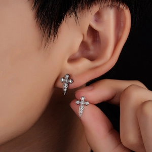 Punk Gothic Cross Stud Earrings Copper With Stainless Steel Post Rhinestone Inlaid Fashion Jewelry For Men Women