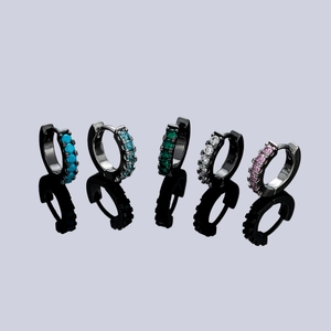 Minimalist black metal hoop earrings featuring five vibrant colored gemstones with mirror reflections