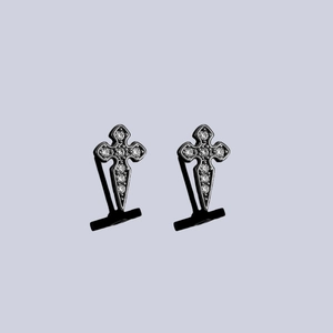 Punk style cross stud earrings with sparkling white zircons in vintage silver finish