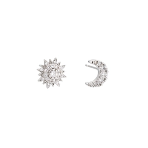 Asymmetric sun and crescent moon stud earrings with sparkling crystals in silver finish
