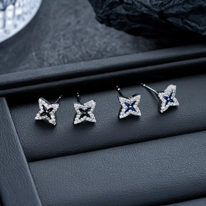 Fashion Copper Star Stud Earrings For Women Men Silver Plated Pave Rhinestone Enamel Clover Flower Geometric Jewelry Gift