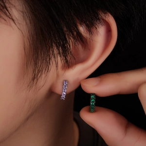 Luxury full diamond huggie hoop earrings in purple and green zircon for men and women