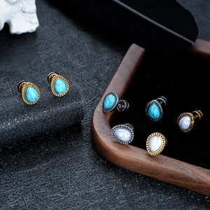 Vintage Titanium Steel Teardrop Stud Earrings With Artificial Marble Stone Radiant Texture Bohemian Unisex Earrings Jewelry