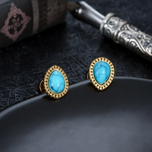 Retro titanium steel teardrop earrings with turquoise stone and golden metal texture
