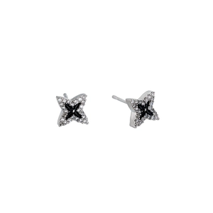 Star-shaped silver earrings with sparkling zircons and black enamel flower detail