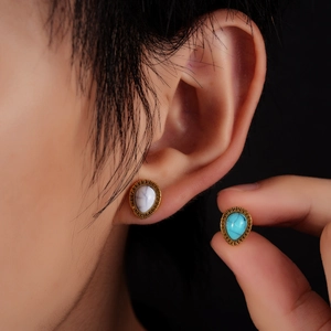 Water-drop titanium steel earrings with turquoise and marble stone in vintage gold setting