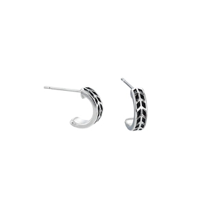Minimalist C-shaped silver earrings with vintage black geometric patterns and studs