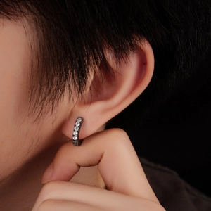 Men's luxury black huggie hoop earring with five sparkling white cubic zirconia stones