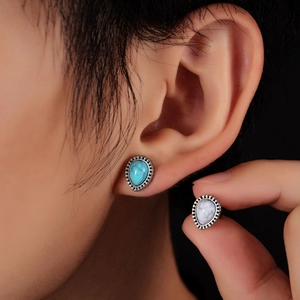 Titanium steel waterdrop earrings with turquoise and white marble stone inlay