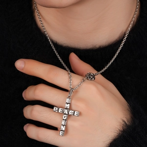 Gothic Punk Silver Alloy Cross Pendant Necklace With Skull Detail Imagine Peace Letter Inscribed Men Women Jewelry Gift