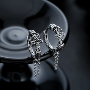 Boucles D'oreilles Créoles Croix Chaîne En Cuivre Argenté Antique Gothique Punk Long Gland Bijoux Unisexe Hip Hop