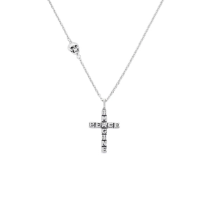 Cross necklace with skull detail and Peace Imagine engraving on a silver chain