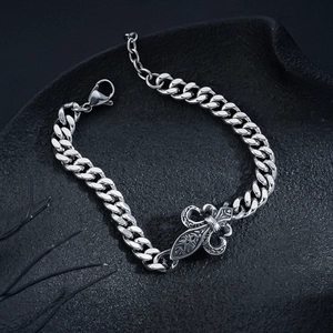 Hip hop titanium steel curb chain bracelet with retro fleur-de-lis charm for men and women
