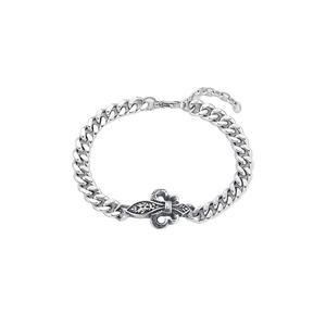 Retro stainless steel Cuban link bracelet with Fleur-de-lis charm and lobster clasp