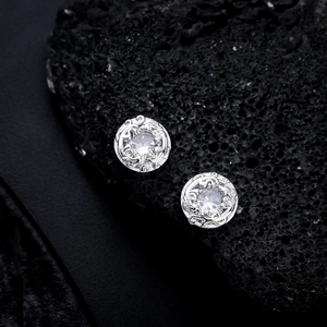 Silver mens stud earrings with pavé zircon center and vintage carved patterns