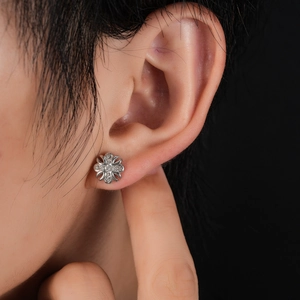 Gothic iris cross stud earrings in stainless steel with sparkling zircon accents