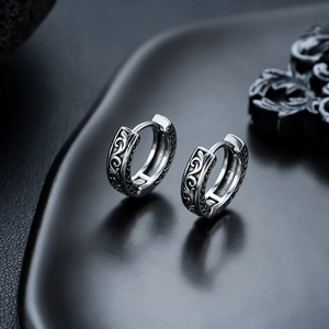 Retro vintage titanium steel hoop earrings with engraved floral vine patterns