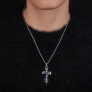 Gothic titanium steel necklace featuring a dragon cross pendant with blue gemstone
