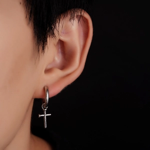 Vintage titanium steel cross drop earrings with textured finish for men and women