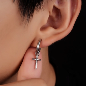 Vintage titanium steel cross earrings with silver hoop pendant in gothic punk style