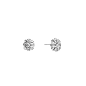 Silver stainless steel cross flower stud earrings with sparkling round cubic zirconia