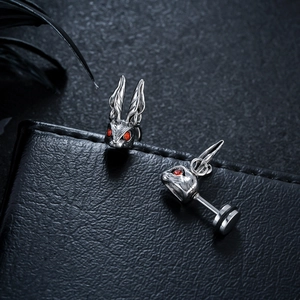 Punk style stainless steel rabbit stud earrings with red zircon eyes and screw back