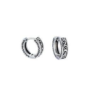 Retro titanium steel hoop earrings with vintage engraved vine patterns in silver finish